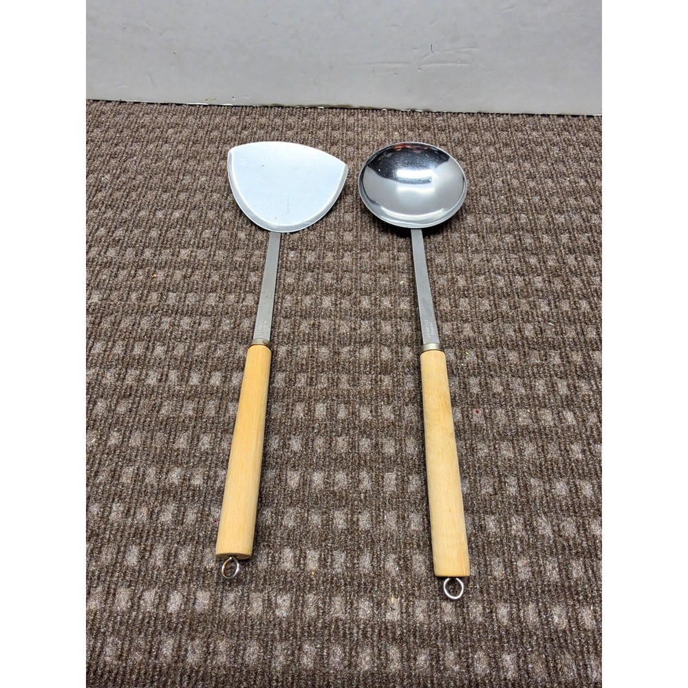 Vintage Stainless Steel Wok Tool Set Spatula Ladle Wood Handles Taiwan 14.5"